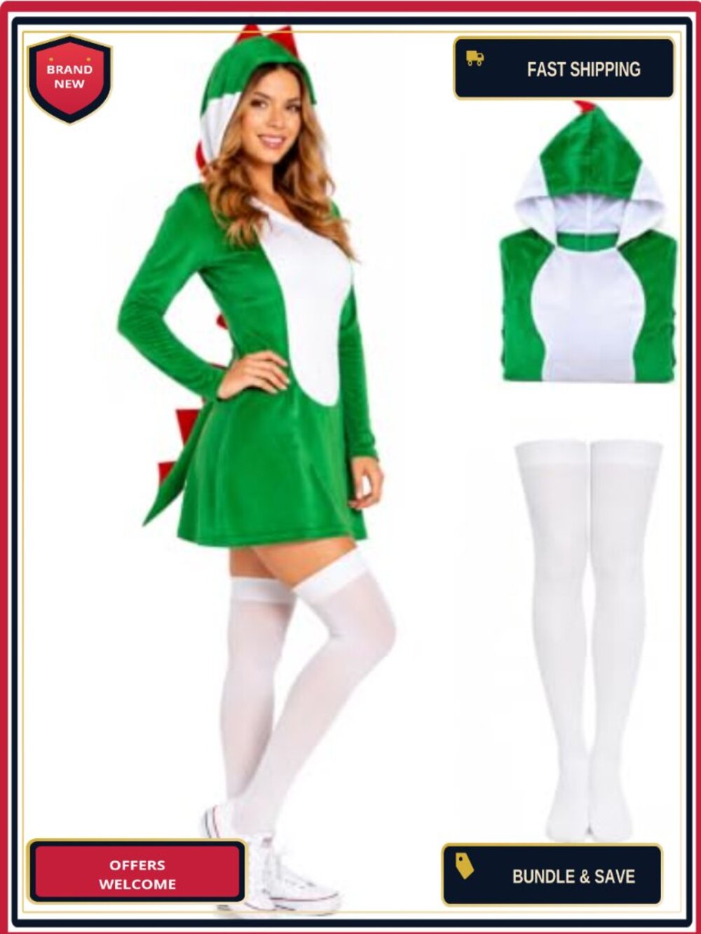 Yoshi Costume Adult Women Velvet Dress with Stuffed Tail